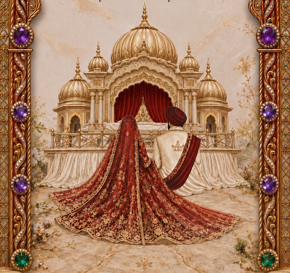 Illustration of the couple in traditional attire before a golden palace
